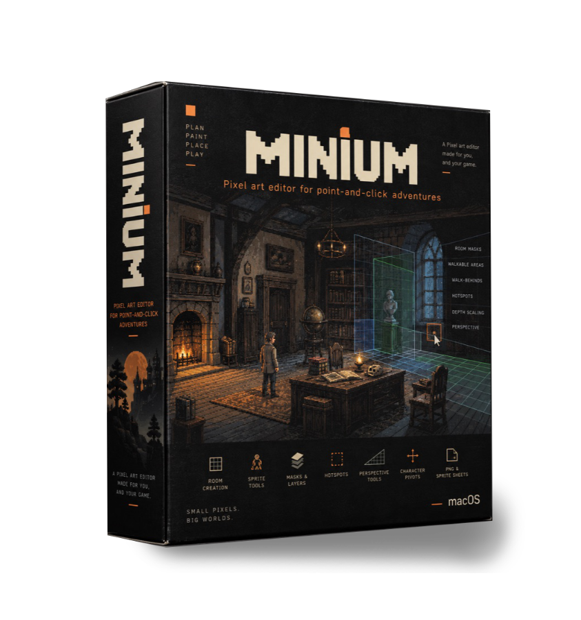 The Minium box: a pixel-art library room with a character standing in it, perspective guides and coloured mask overlays laid over the far wall and floor.